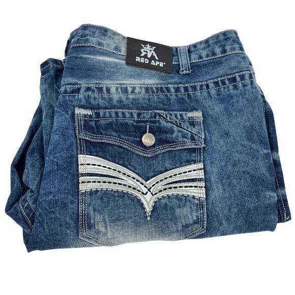 Red Ape Jeans Mens 48 (49x31 ACTUAL) Distressed Faded Wash Denim Flap Pockets - Picture 1 of 8